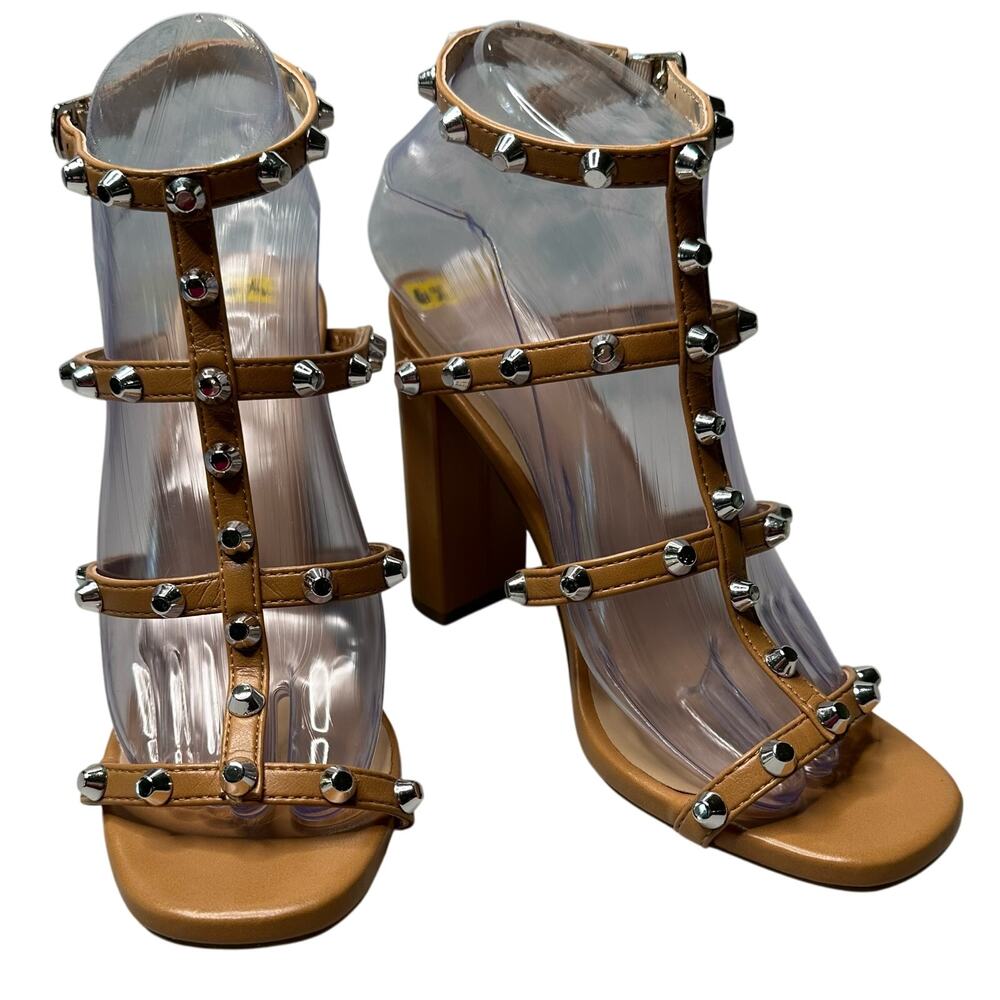 Heart in D Womens 6.5 Caged Chunky Heels Pumps Shoes Brown Studded Ankle Strappy